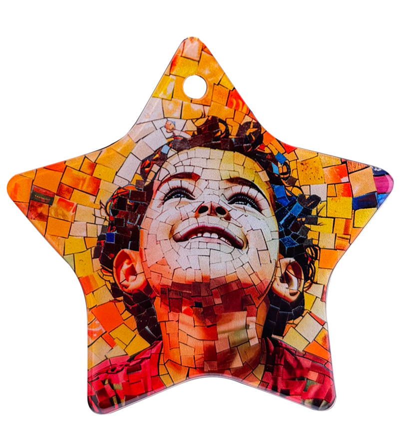 זכוכית דקה בצורת כוכב 80x80 מ״מ לתלייה עם תמונה אישית ושרוך זהב